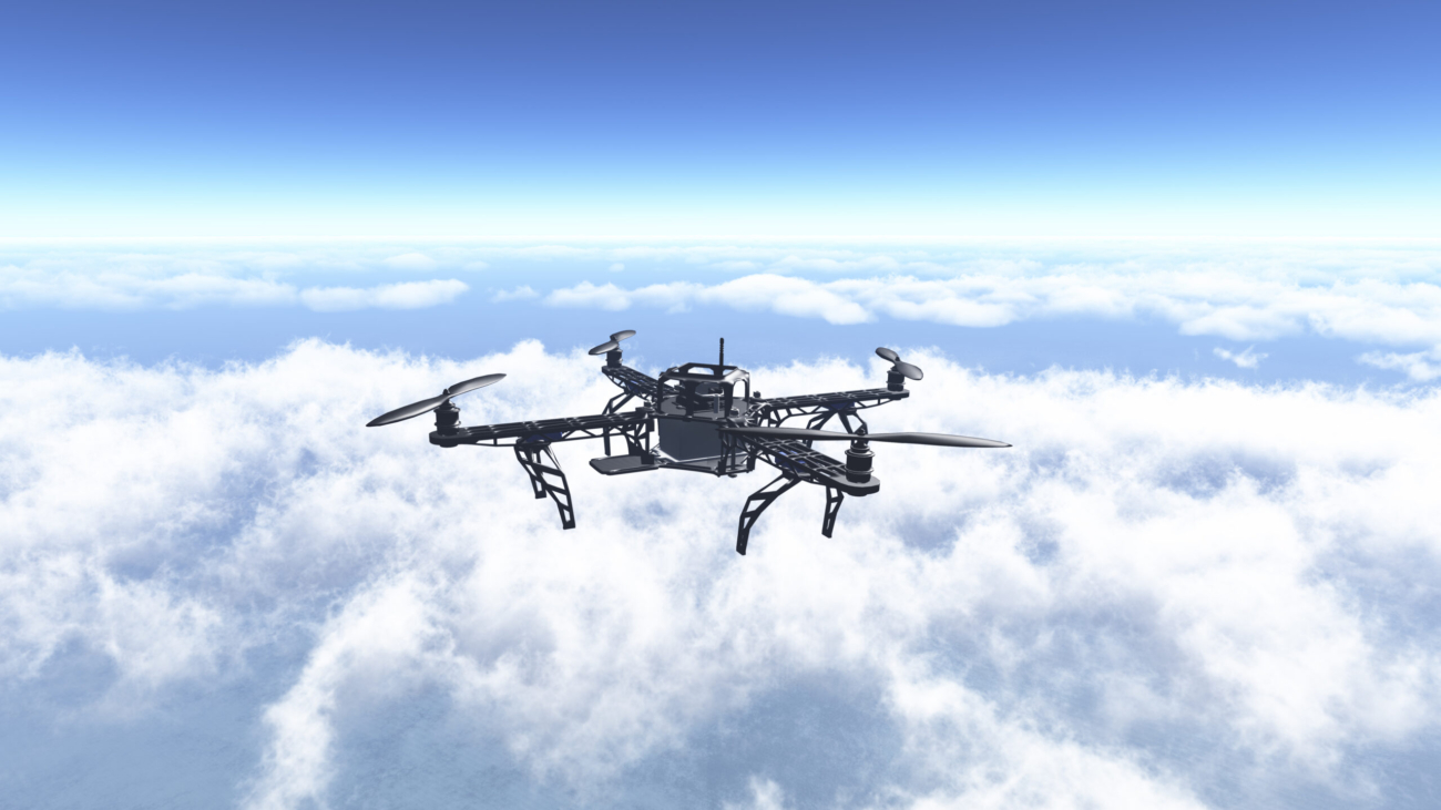 3D render of a drone flying above the clouds