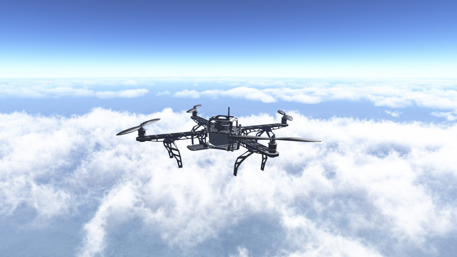 3D render of a drone flying above the clouds