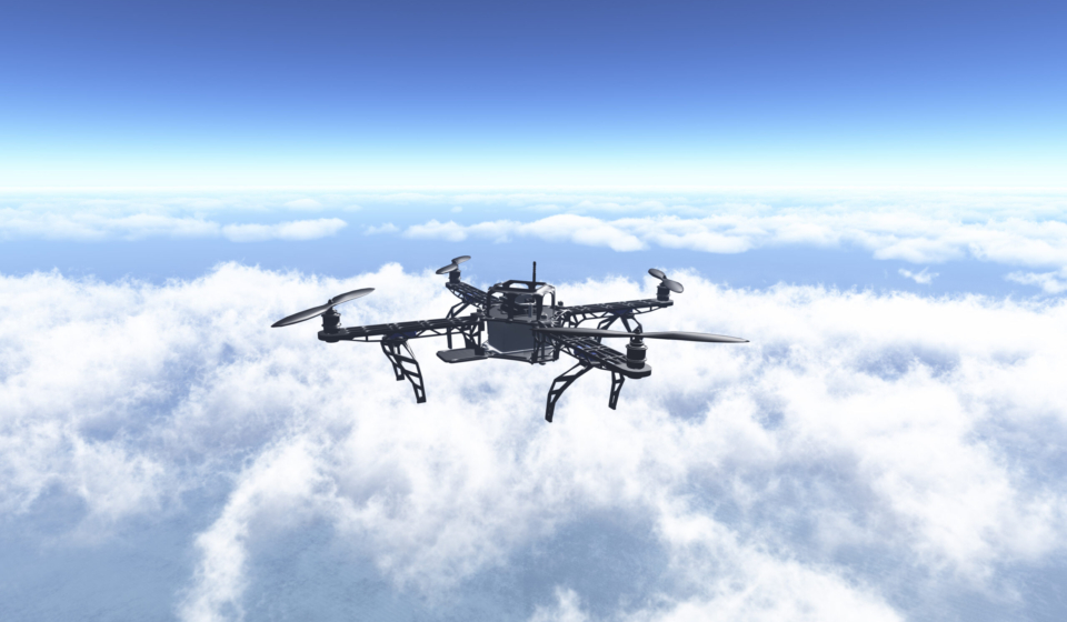 3D render of a drone flying above the clouds